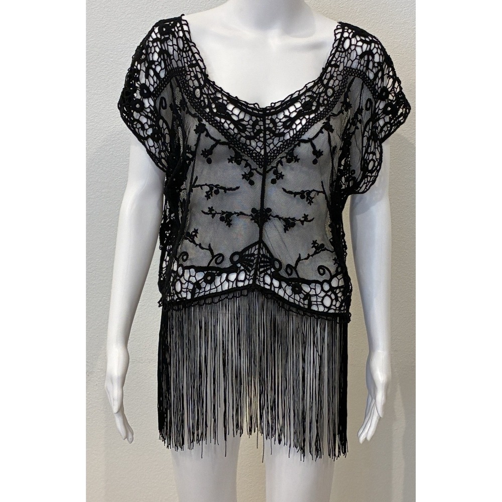 Whimsigoth Black Sheer Mesh Crochet Fringe‎ Top M Boho Witchy Fairy Grunge Y2K